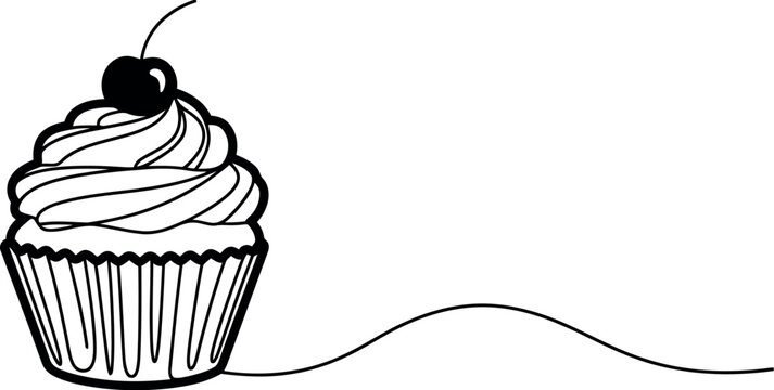 A simple black and white line art drawing of a delicious cupcake topped with a single cherry fruit