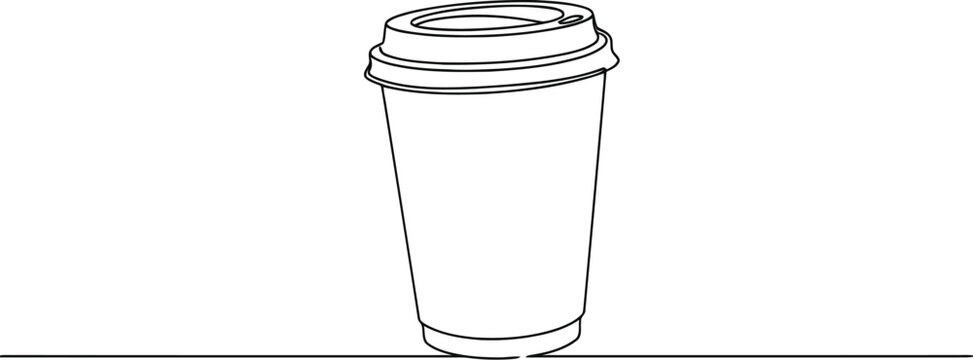 A continuous single line drawing of a disposable coffee cup standing on a flat horizontal surface
