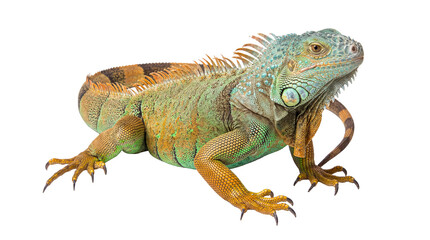 Naklejka premium Grand green iguana, a formidable tropical reptile, expertly photographed and isolated on transparent background.