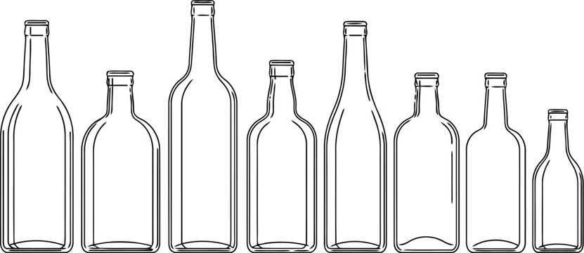 A collection of various empty glass bottles illustrated with clean black outlines on white background