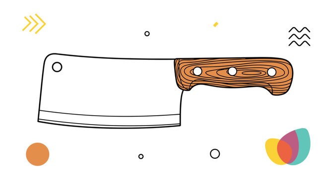 Sturdy metal meat cleaver with a classic wooden handle shown as a flat vector icon with colorful abstract background elements.