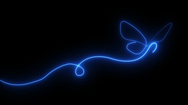 Blue neon butterfly outline with glowing line animation and flowing wave trail on black background abstract flying symbol minimal modern nature design 4k visuals