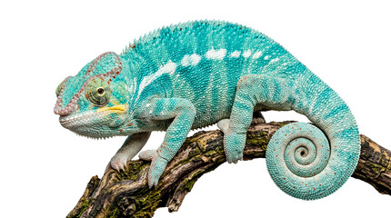 A vibrant turquoise panther chameleon with distinctive white patterns, perched gracefully on a textured wooden branch. © Jennafer