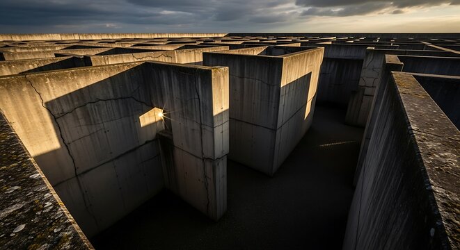 A vast field of concrete stelae forming a maze-like Holocaust memorial under a dramatic sky.