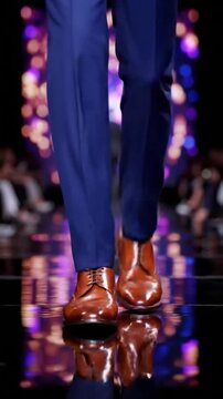 A model walks down a reflective runway wearing formal blue trousers and polished brown leather dress shoes during a fashion event