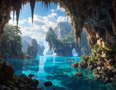 A serene turquoise lagoon nestled within a cave surrounded by lush greenery and rugged limestone formations under a partly cloudy sky