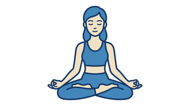 A woman practices yoga in a serene environment with blue outfit and calm expression.