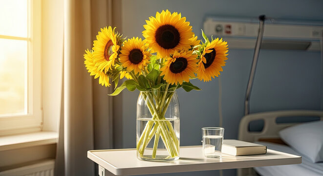 Sunflowers in a glass vase on a bedside table in hospital room  