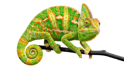 Beautiful photograph of a Veiled Chameleon showcasing its full body and curled tail. © Gail