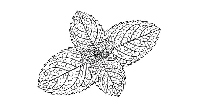 Cluster of fresh mint leaves with detailed veins and serrated edges depicted in a beautiful line art illustration.
