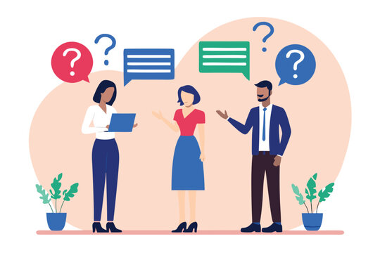 Diverse team discussing ideas with speech bubbles and questioning visuals