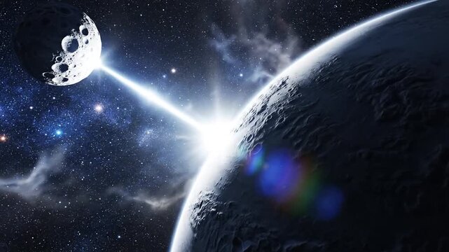 Space with planet, moon, stars, and light.