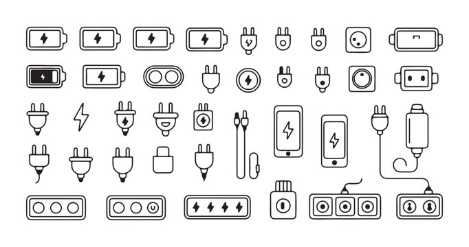 Set of battery charger icons, power plug, smartphone charging, and electricity lightning symbols.