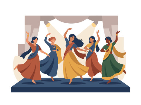 Group of Women Performing Traditional Indian Dance on Stage.