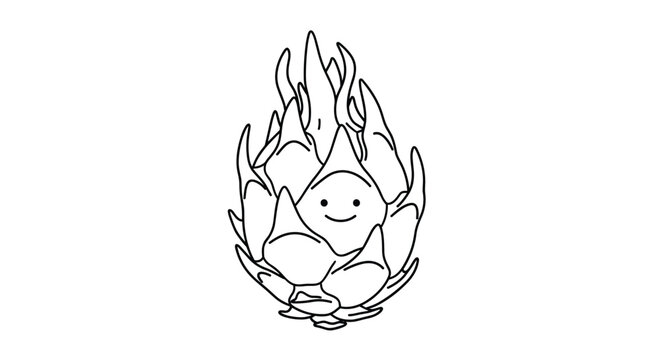 Playful black and white line art drawing of a tropical dragon fruit character with a simple smiling face and leaf like scales isolated on white.