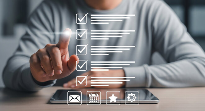Digital Task Completion: An individual interacts with a digital checklist, symbolizing progress, organization, and efficient task management using modern technology. 