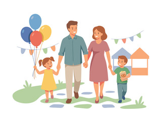 Obraz premium Happy Family Enjoying Outdoor Festival with Balloons.