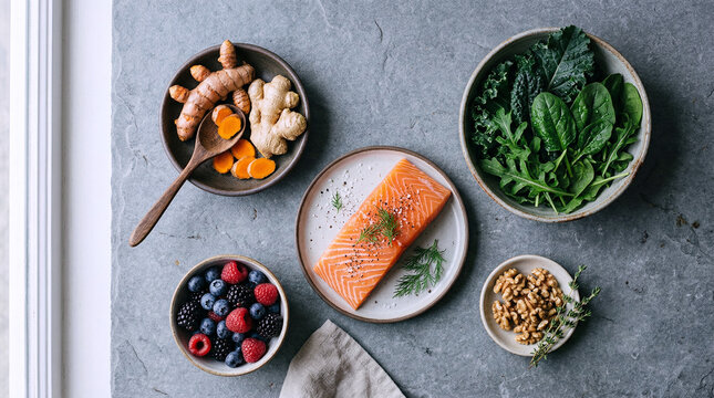Healthy Whole Foods Flat Lay with Salmon Greens Berries and Turmeric