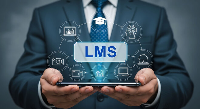 Business Professional Holding Smartphone with LMS Learning Management System Interface