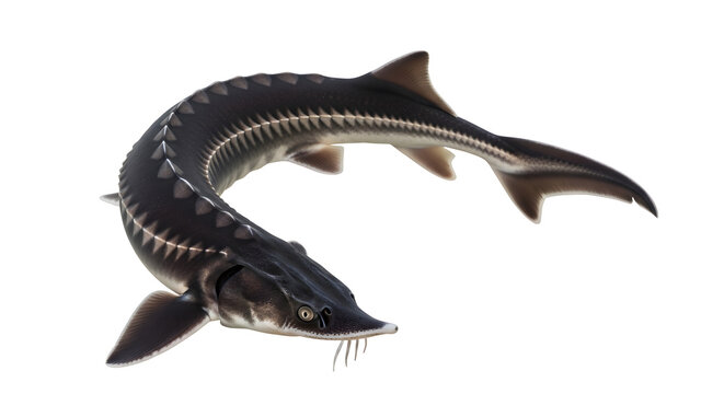 Large sturgeon fish swimming in water with distinctive scutes and whisker-like barbels