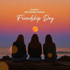 Fototapeta premium Three friends celebrating international friendship day, watching the full moon and sunset over the ocean
