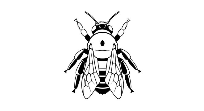 A cartoon bee with a smiley face and six legs is shown in a black and white illustration with its wings spread out