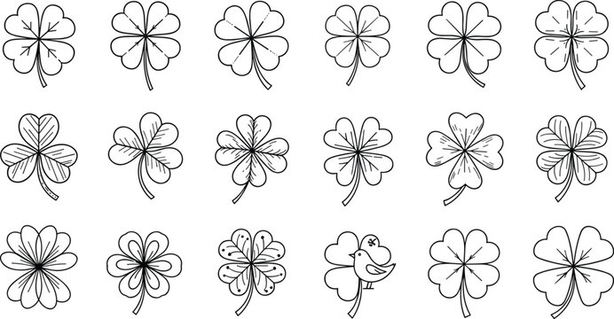 Four leaf clover outline collection with different styles shamrock leaf icons hand drawn botanical vector illustration set isolated on white background