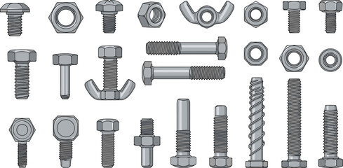 Industrial hardware set illustration, bolts nuts screws washers wing nut fasteners, mechanical engineering tools, construction equipment vector design collection © MDRAKIB