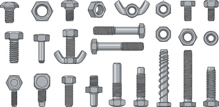 Industrial hardware set illustration, bolts nuts screws washers wing nut fasteners, mechanical engineering tools, construction equipment vector design collection