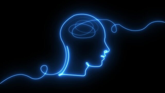 Neon human head outline with glowing blue brain line animation on black background thinking intelligence concept abstract psychology design 4k visuals