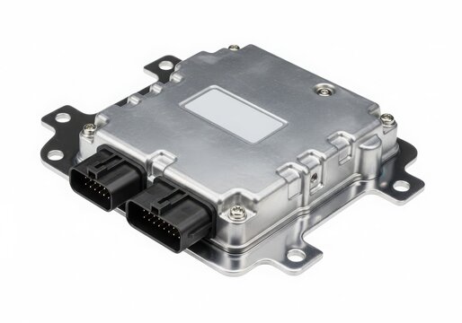 Modern electronic control unit with multiple connectors and mounting brackets isolated on white background