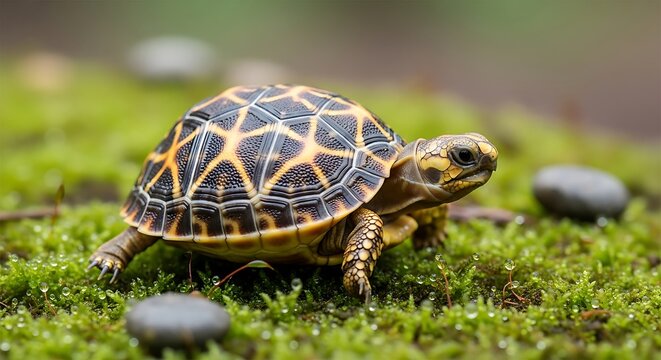 Main Subject: An intricate Indian Star Tortoise slowly crawling across a lush, damp environment.
