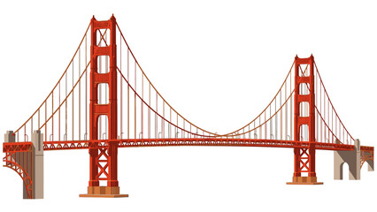 Fototapeta premium Model of the Golden Gate Bridge made of red metal on a white background with suspension cables and towers.