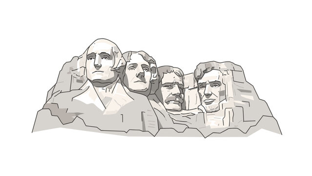 Illustration of Mount Rushmore featuring George Washington, Thomas Jefferson, Theodore Roosevelt and Abraham Lincoln in a gray line art style on a white background.