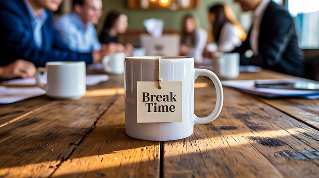 Break time coffee mug on wooden table in modern office meeting environment
