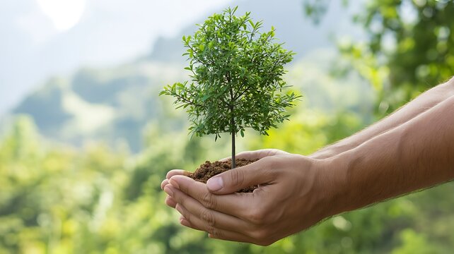 3. Human hand holding small green plant with soil representing growth and environmental sustainability concept category environment type photo