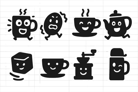 Caffeinated Characters Icons. Caffeinated characters. Filled icon set of Caffeinated characters: hyper mug,