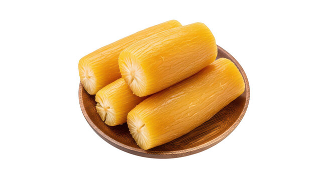 Boiled cassava pieces served on a wooden plate isolated on transparent background