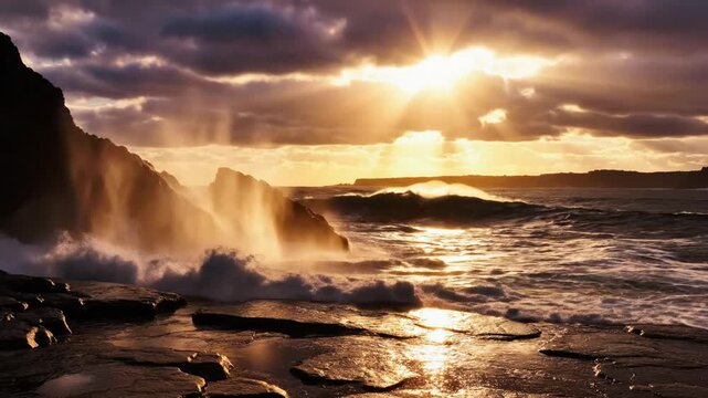Ocean wave crashes rocky shore.