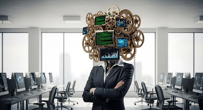 Business person with a head made of gears and computer screens in an office environment.