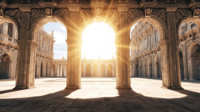Bright sunlight streaming through classic stone arches of an ancient colonnade onto a textured floor. Grand courtyard featuring intricate stone carvings and sharp distant historical buildings.