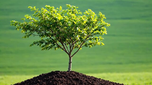 Serene Young tree on soil mound in green field for Environmental Sustainability and Mindfulness