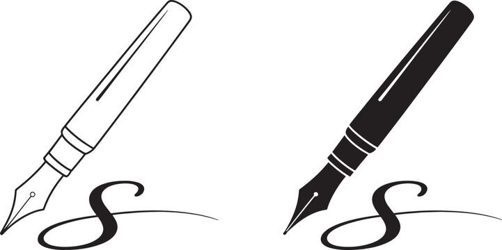 Two fountain pen one outlined and one solid black, with a cursive letter S flourish on a white background for writing and calligraphy