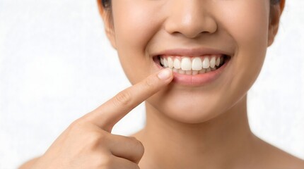 Fototapeta premium Beautiful smile with white teeth of a asian young woman. On white background medical concept with copy space 