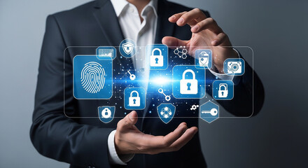 Obraz premium Digital Security Advocate: A professional in a suit presents a modern digital interface showcasing an array of security measures, embodying the concept of data protection. 