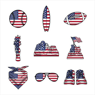 Patriotic sports and landmark icon set featuring American flag patterns on iconic US symbols and athletic gear in a flat vector illustration design
