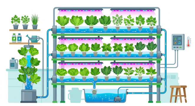 Hydroponic Smart Indoor Farming System Illustration in Flat 2.0 Style
