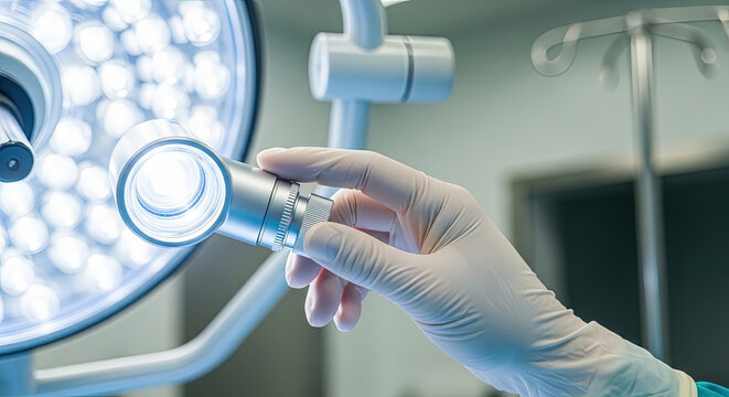 Surgeon holding medical light in operating room with blue illumination  