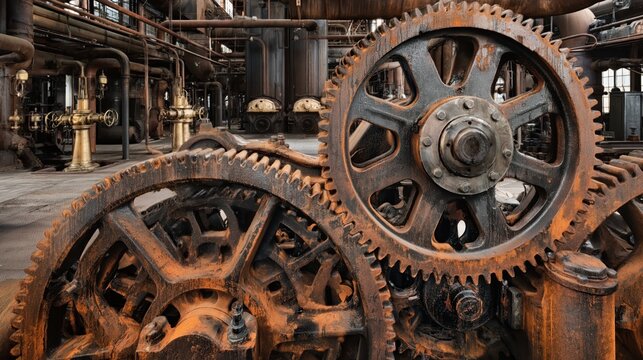 Massive interlocking metallic industrial gears covered in dark grease and orange rust inside a grimy 19th-century steam engine room with brass valves and iron boilers in sharp focus.