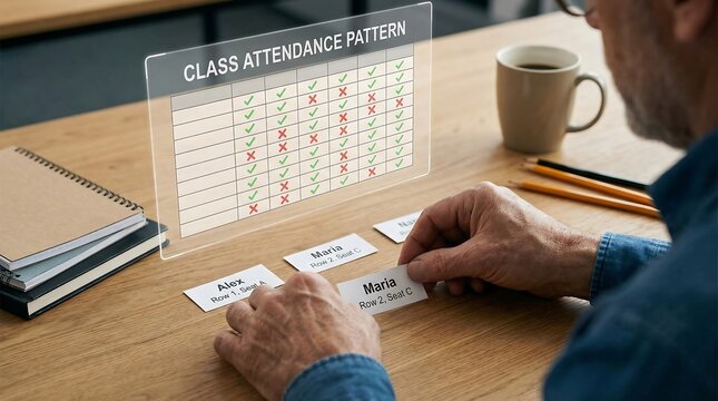 Teacher analyzing student attendance records on a futuristic holographic display, reviewing class participation data